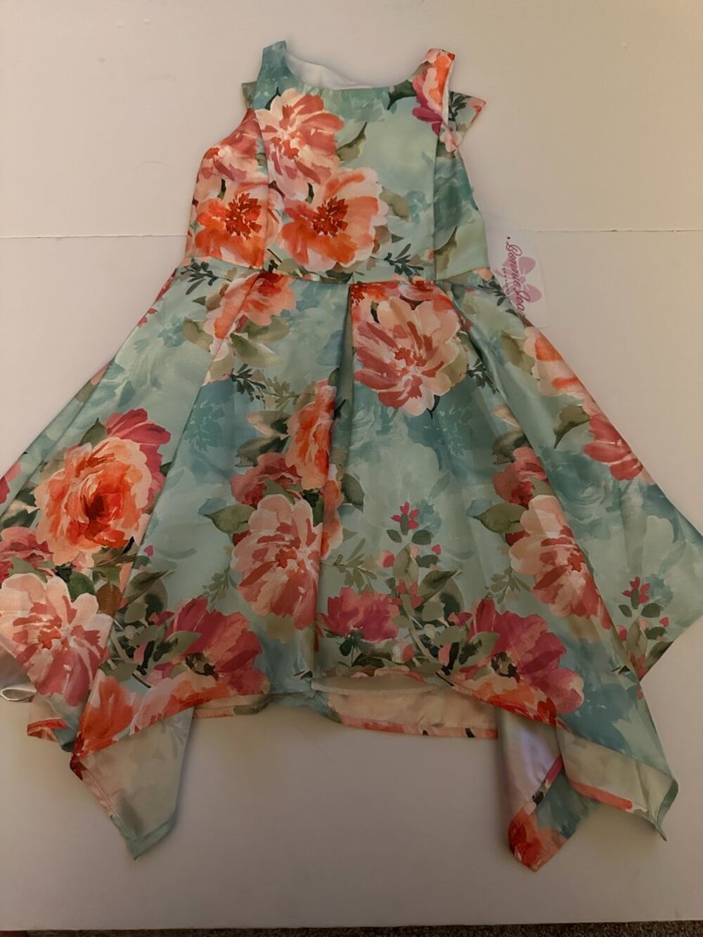 NWT BONNIE JEAN Little Girl 7 dress handkerchief hem BIG BOW on back FLORAL